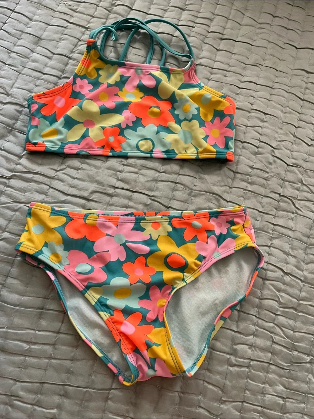 Girls Cat & Jack Kids Teal Floral Two-Piece Swim Bikini - Yellow Pink Coral